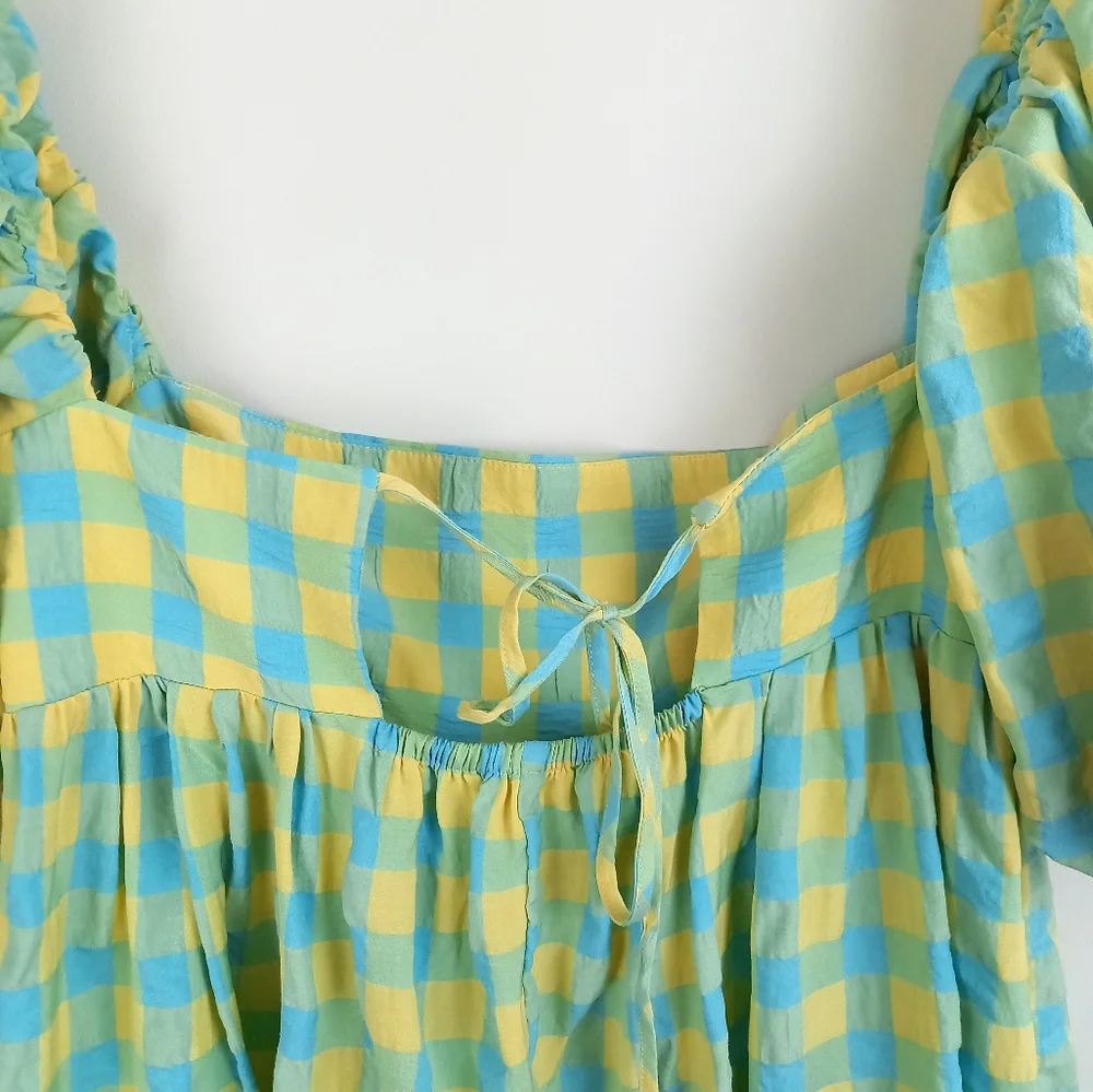 Zara Long Check Print Dress Panelled Puff Sleeve Green Yellow Blue - Medium - Picture 9 of 11